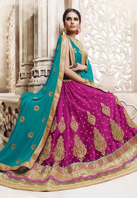 Embroidered Net A Line Lehenga in Fuchsia