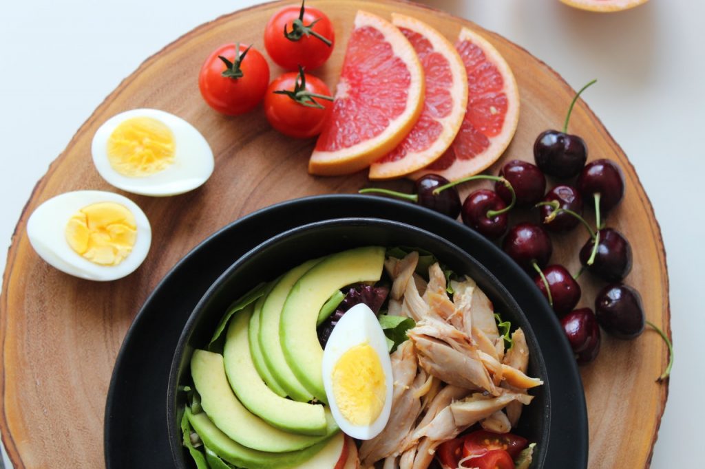 Healthy salad and fruits